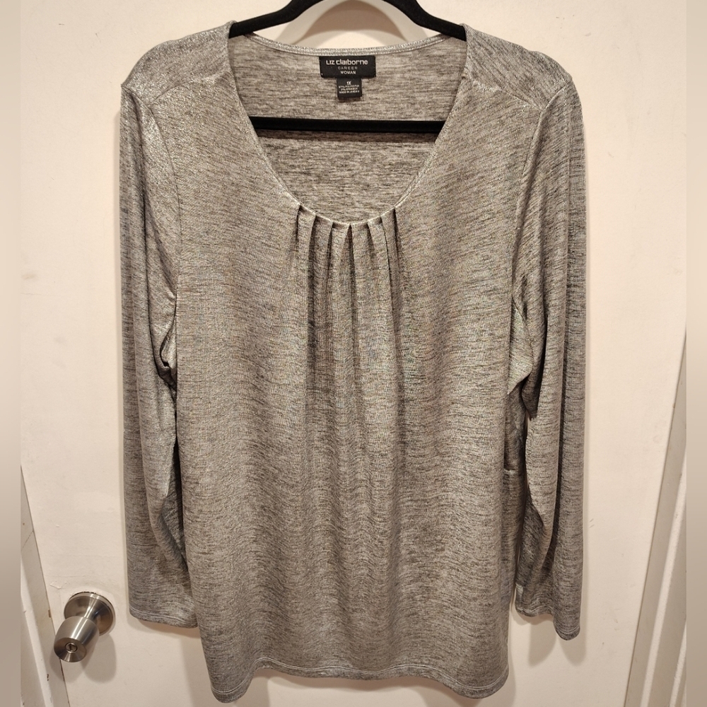 Liz Claiborne Women's Silver Stretch Long Sleeve Career Top Sz 1X Pleated Neck